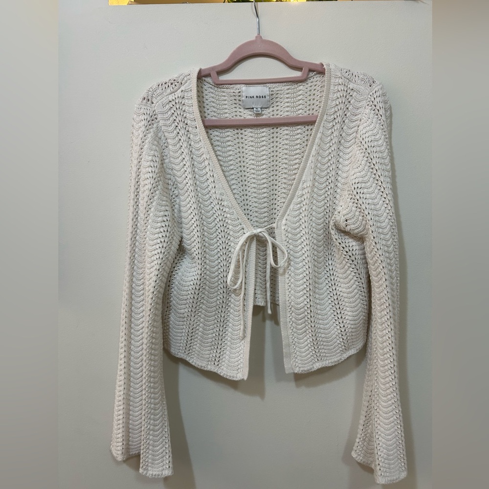 Pink Rose Ivory Knit Cardigan with Front Tie